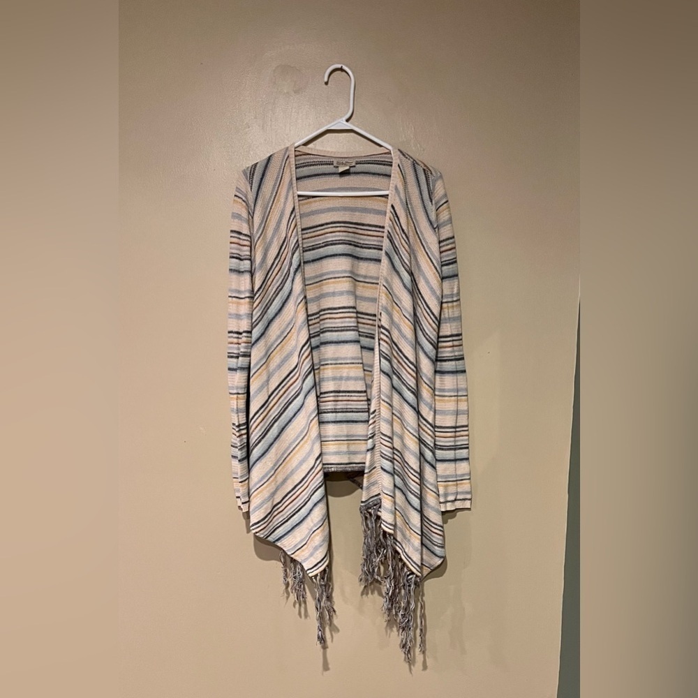 Lucky Brand Sweater Women M Beige Open Cardigan Fringe Southwestern Boho Knit